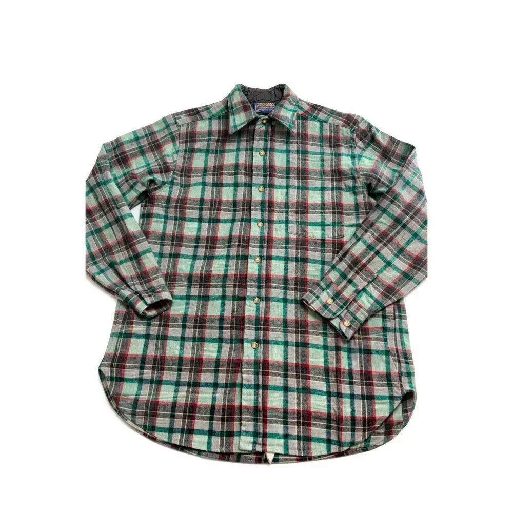 Pendleton Vintage Flannel Shirt Mens L Green Red Gray Button Wool Plaid Usa Made